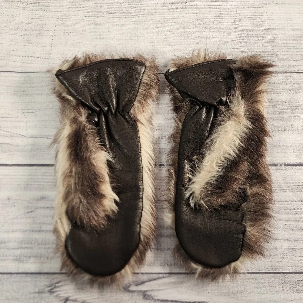 Vintage Gimbels Faux Fur Mittens Made in England Brown Striped Small